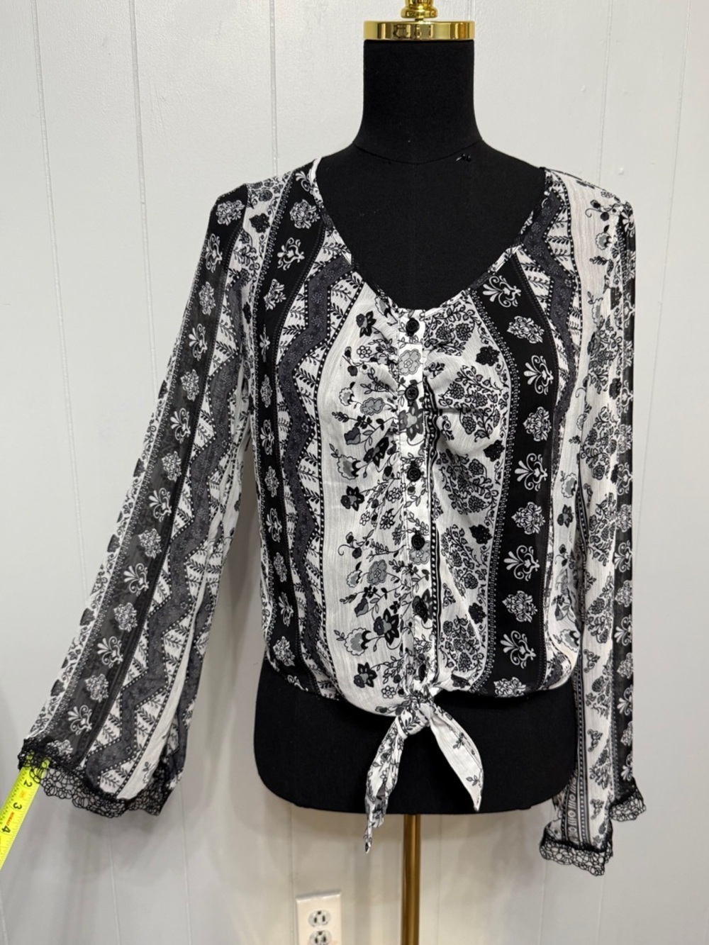#16)  Joe Boxer Black & White Floral Tie-Front Blouse